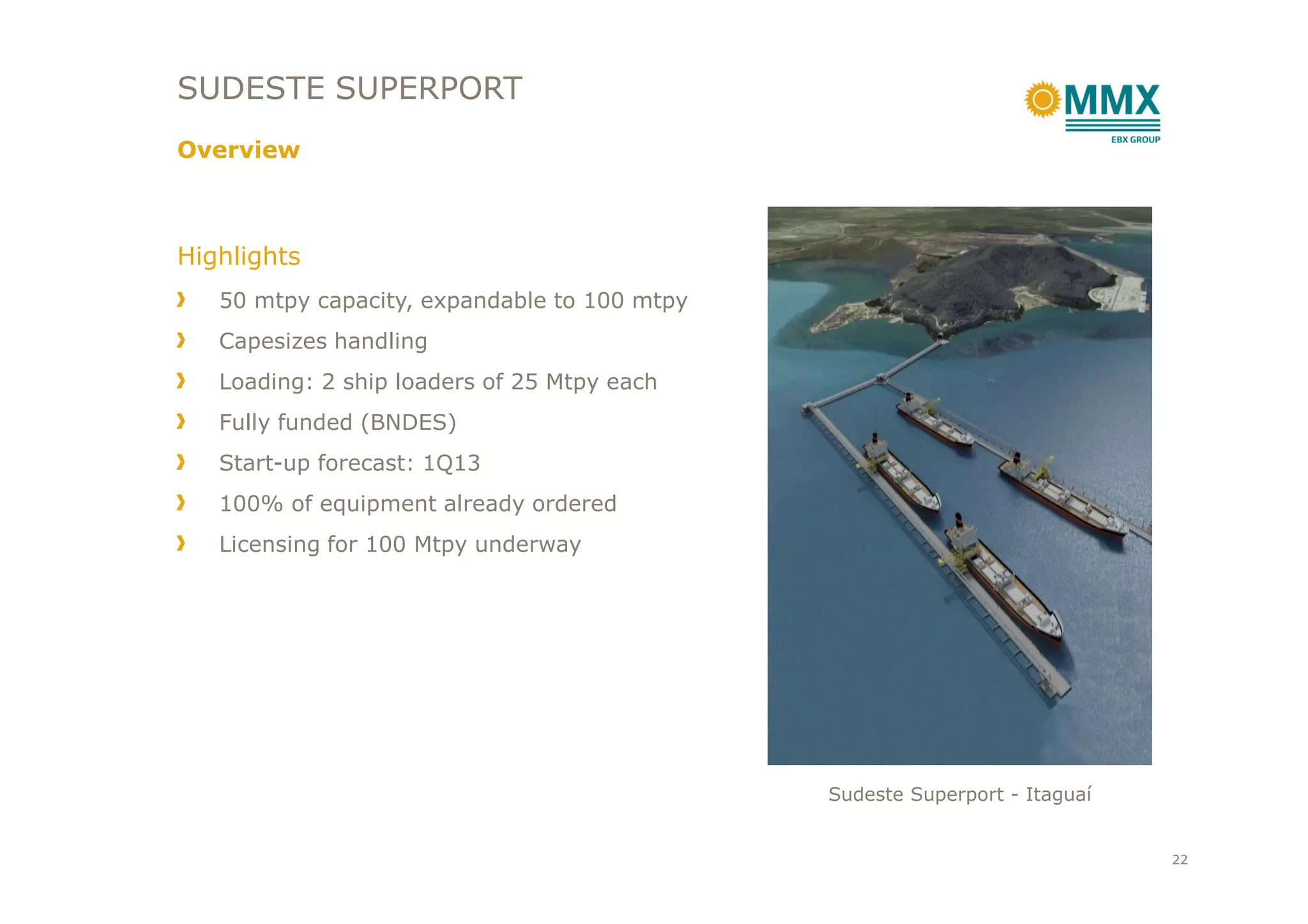 SUDESTE SUPERPORT
Overview
Highlights
50 mtpy capacity, expandable to 100 mtpy
Capesizes handling
Loading: 2 ship loaders of 25 Mtpy each
Fully funded (BNDES)
Start-up forecast: 1Q13
Sudeste Superport - Itaguaí
Start-up forecast: 1Q13
100% of equipment already ordered
Licensing for 100 Mtpy underway
22
 