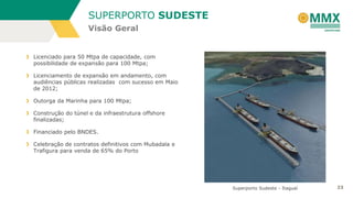 SUPERPORTO SUDESTE
Visão Geral

Licenciado para 50 Mtpa de capacidade, com
possibilidade de expansão para 100 Mtpa;
Licenciamento de expansão em andamento, com
audiências públicas realizadas com sucesso em Maio
de 2012;
Outorga da Marinha para 100 Mtpa;
Construção do túnel e da infraestrutura offshore
finalizadas;
Financiado pelo BNDES.
Celebração de contratos definitivos com Mubadala e
Trafigura para venda de 65% do Porto

Superporto Sudeste - Itaguaí

23

 