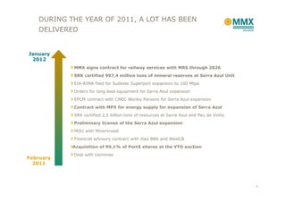 DURING THE YEAR OF 2011, A LOT HAS BEEN
   DELIVERED


January
 2012
           MMX signs contract for railway services with MRS through 2026
           SRK certified 997,4 million tons of mineral reserves at Serra Azul Unit
           EIA-RIMA filed for Sudeste Superport expansion to 100 Mtpa
           Orders for long lead equipment for Serra Azul expansion
           EPCM contract with CNEC Worley Parsons for Serra Azul expansion
           Contract with MPX for energy supply for expansion of Serra Azul
           SRK certified 2,5 billion tons of resources at Serra Azul and Pau de Vinho
           Preliminary license of the Serra Azul expansion
           MOU with Minerinvest
           Financial advisory contract with Itaú BBA and WestLB
           Acquisition of 99,1% of PortX shares at the VTO auction
           Deal with Usiminas
February
  2011



                                                                                        6
 