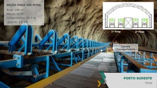 Correia
Transportadora
1a Fase 2a Fase
PORTO SUDESTE
Túnel
SEÇÃO PARA 100 MTPA
Área: 198 m²
Altura: 11 m
Comprimento: 20.5 m
Largura: 1.8 km
 