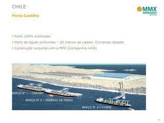 CHILE
Porto Castilha




 Porto 100% licenciado
 Porto de águas profundas – 28 metros de calado: Chinamax Vessels
 Construção conjunta com a MPX (Companhia irmã)




BERÇO N° 1 – CARVÃO

        BERÇO N° 2 – MINÉRIO DE FERRO

                                        BERÇO N° 3 – COBRE



                                                                    44
 