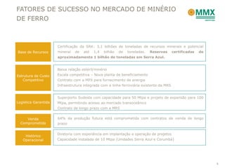 FATORES DE SUCESSO NO MERCADO DE MINÉRIO
DE FERRO



                      Certificação da SRK: 3,1 bilhões de toneladas de recursos minerais e potencial
Base de Recursos      mineral   de   até   1,4   bilhão   de   toneladas.   Reservas      certificadas   de
                      aproximadamente 1 bilhão de toneladas em Serra Azul.


                      Baixa relação estéril/minério
Estrutura de Custo    Escala competitiva – Nova planta de beneficiamento
   Competitivo        Contrato com a MPX para fornecimento de energia
                      Infraestrutura integrada com a linha ferroviária existente da MRS


                      Superporto Sudeste com capacidade para 50 Mtpa e projeto de expansão para 100
Logística Garantida   Mtpa, permitindo acesso ao mercado transoceânico
                      Contrato de longo prazo com a MRS


     Venda            64% da produção futura está comprometida com contratos de venda de longo
  Comprometida        prazo


                      Diretoria com experiência em implantação e operação de projetos
    Histórico
   Operacional        Capacidade instalada de 10 Mtpa (Unidades Serra Azul e Corumbá)




                                                                                                              6
 