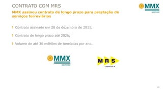 CONTRATO COM MRS
MMX assinou contrato de longo prazo para prestação de
serviços ferroviários
14
Contrato assinado em 28 de dezembro de 2011;
Contrato de longo prazo até 2026;
Volume de até 36 milhões de toneladas por ano.
 
