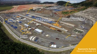 Superporto Sudeste
Pátio com Elevação 6 m
Pátio 32
Pátio 6
Acesso
Rodoviário
Caminho de Rolamento das
Empilhadeiras Recuperadoras
Viradores
de Vagões
Estrutura dos Transportadores
de Correia
Sala de Controle dos
Viradores de Vagões
 