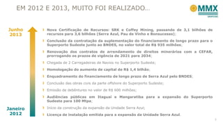Nova Certificação de Recursos: SRK e Coffey Mining, passando de 3,1 bilhões de
recursos para 3,6 bilhões (Serra Azul, Pau de Vinho e Bonsucesso);
Conclusão da contratação da suplementação do financiamento de longo prazo para o
Superporto Sudeste junto ao BNDES, no valor total de R$ 935 milhões;
Renovação dos contratos de arrendamento de direitos minerários com a CEFAR,
prorrogando os prazos de vigência de 2021 para 2034;
Chegada de 2 Carregadeiras de Navios no Superporto Sudeste;
Homologação do aumento de capital de R$ 1,4 bilhão;
Enquadramento do financiamento de longo prazo de Serra Azul pelo BNDES;
Conclusão das obras civis da parte offshore do Superporto Sudeste;
Emissão de debêntures no valor de R$ 600 milhões;
Audiências públicas em Itaguaí e Mangaratiba para a expansão do Superporto
Sudeste para 100 Mtpa;
Início da construção da expansão da Unidade Serra Azul;
Licença de instalação emitida para a expansão da Unidade Serra Azul.
Janeiro
2012
Junho
2013
EM 2012 E 2013, MUITO FOI REALIZADO…
7
 