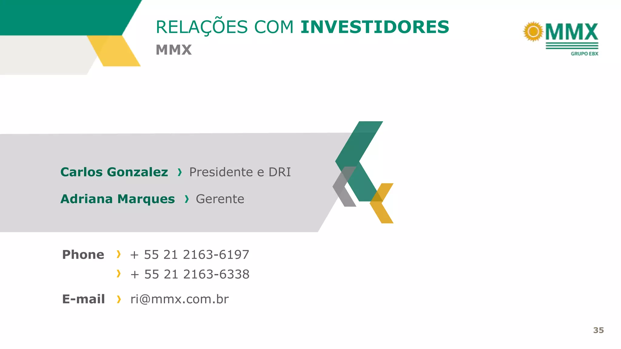35
Carlos Gonzalez Presidente e DRI
Adriana Marques Gerente
Phone + 55 21 2163-6197
+ 55 21 2163-6338
E-mail ri@mmx.com.br
MMX
RELAÇÕES COM INVESTIDORES
 