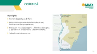 CORUMBÁ

Highlights
Current Capacity: 2.1 Mtpy;
Long-term contracts signed with local and
international barge operators;

SRK audit resources report: 192 million tons plus
a potential of an additional 123 million tons;
Sale of assets in progress.

34

 