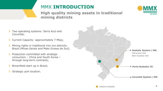 MMX INTRODUCTION
High quality mining assets in traditional
mining districts

Two operating systems: Serra Azul and
Corumbá;
Current Capacity: approximately 7 Mtpy;
Mining rights in traditional iron ore districts:
Brazil (Minas Gerais and Mato Grosso do Sul);

Sudeste System | MG
Serra Azul Unit
Bom Sucesso Unit

Production committed with strategic
consumers – China and South Korea –
through long-term contracts;
Brownfield start up in Brazil;

Porto Sudeste| RJ

Strategic port location.
Corumbá System | MS

Sistema Sudeste

5

 