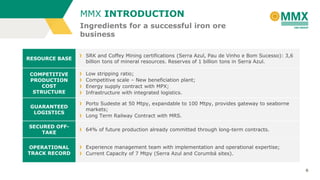 MMX INTRODUCTION
Ingredients for a successful iron ore
business
RESOURCE BASE

SRK and Coffey Mining certifications (Serra Azul, Pau de Vinho e Bom Sucesso): 3,6
billion tons of mineral resources. Reserves of 1 billion tons in Serra Azul.

COMPETITIVE
PRODUCTION
COST
STRUCTURE

Low stripping ratio;
Competitive scale – New beneficiation plant;
Energy supply contract with MPX;
Infrastructure with integrated logistics.

GUARANTEED
LOGISTICS

Porto Sudeste at 50 Mtpy, expandable to 100 Mtpy, provides gateway to seaborne
markets;
Long Term Railway Contract with MRS.

SECURED OFFTAKE

64% of future production already committed through long-term contracts.

OPERATIONAL
TRACK RECORD

Experience management team with implementation and operational expertise;
Current Capacity of 7 Mtpy (Serra Azul and Corumbá sites).
6

 
