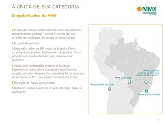 A ÚNICA DE SUA CATEGORIA
Singularidades da MMX



 Produção futura comprometida com importantes
consumidores globais – China e Coréia do Sul –
através de contratos de venda de longo prazo
 Projeto Brownfield
 Expansão além de 50 mtpa no Brasil e Chile,
através dos sistemas totalmente integrados: Porto
próprio com profundidade para movimentar
Capesize.
  Porto com localização propícia e Balanço
Patrimonial consistente alavancam significativa                                                    MMX Sudeste
criação de valor através da consolidação de recursos                                          Unidade de Serra Azul
                                                                                           Unidade de Bom Sucesso
de minério de ferro na região Sudeste do Brasil                              MMX Corumbá

 Geração de Caixa consistente
                                                       Minera MMX de Chile
 Histórico comprovado de criação de valor para os
acionistas
                                                                                             Superporto Sudeste




                                                                                                                 4
 