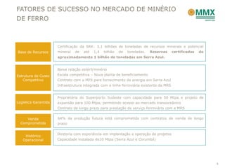 FATORES DE SUCESSO NO MERCADO DE MINÉRIO
DE FERRO



                      Certificação da SRK: 3,1 bilhões de toneladas de recursos minerais e potencial
Base de Recursos      mineral   de   até   1,4   bilhão   de   toneladas.   Reservas      certificadas   de
                      aproximadamente 1 bilhão de toneladas em Serra Azul.


                      Baixa relação estéril/minério
Estrutura de Custo    Escala competitiva – Nova planta de beneficiamento
   Competitivo        Contrato com a MPX para fornecimento de energia em Serra Azul
                      Infraestrutura integrada com a linha ferroviária existente da MRS


                      Proprietária do Superporto Sudeste com capacidade para 50 Mtpa e projeto de
Logística Garantida   expansão para 100 Mtpa, permitindo acesso ao mercado transoceânico
                      Contrato de longo prazo para prestação de serviço ferroviário com a MRS


     Venda            64% da produção futura está comprometida com contratos de venda de longo
  Comprometida        prazo


                      Diretoria com experiência em implantação e operação de projetos
    Histórico
   Operacional        Capacidade instalada de10 Mtpa (Serra Azul e Corumbá)




                                                                                                              6
 