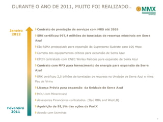 DURANTE O ANO DE 2011, MUITO FOI REALIZADO..



             Contrato de prestação de serviços com MRS até 2026
 Janeiro
  2012       SRK certificou 997,4 milhões de toneladas de reservas mineirais em Serra
            Azul

             EIA-RIMA protocolado para expansão do Superporto Sudeste para 100 Mtpa

             Compra dos equipamentos críticos para expansão de Serra Azul

             EPCM contratado com CNEC Worley Parsons para expansão de Serra Azul

             Contrato com MPX para fornecimento de energia para expansão de Serra
            Azul

             SRK certificou 2,5 bilhões de toneladas de recursos na Unidade de Serra Azul e mina
            Pau de Vinho

             Licença Prévia para expansão da Unidade de Serra Azul

             MOU com Minerinvest

             Assessores Financeiros contratados (Itaú BBA and WestLB)

             Aquisição de 99,1% das ações da PortX
Fevereiro
  2011       Acordo com Usiminas

                                                                                                   7
 