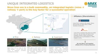 UNIQUE INTEGRATED LOGISTICS
Since Iron ore is a bulk commodity, an integrated logistic (mine 
railway  port) is the key factor for a successful operation
Offtakers (Shareholders)

Long-Term contract (20 years). Wisco
will off-take at least 50% of MMX
Sudeste production.

Mine

Railway

Superport

Long-Term contract (20 years) to trade
iron ore. SK will take-off part of the
Sudeste System yearly production
equivalent to its participation in MMX
Capital (14%).

SK and Wisco will together
offtake 64% of total production
Serra Azul unit is near to the
MRS railway - 10 km from the
mine,
a
distance
currently
traversed by trucks.

MMX has a long term contract
with MRS railway, which connects
the mine with the CSN’s port and
the Sudeste Superport, both
located in Itaguaí.

Sudeste Superport will have
50Mtpy
iron
ore
shipping
capacity. The Superport will have
a depth of 20 meters, enough to
handle Capesize vessels.

11

 