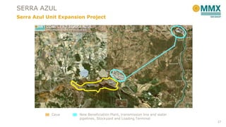 SERRA AZUL
Serra Azul Unit Expansion Project

Cava

New Beneficiation Plant, transmission line and water
pipelines, Stockyard and Loading Terminal

17

 