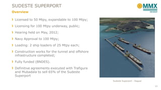 SUDESTE SUPERPORT
Overview
Licensed to 50 Mtpy, expandable to 100 Mtpy;
Licensing for 100 Mtpy underway, public;
Hearing held on May, 2012;
Navy Approval to 100 Mtpy;
Loading: 2 ship loaders of 25 Mtpy each;
Construction works for the tunnel and offshore
infrastructure completed;

Fully funded (BNDES).
Definitive agreements executed with Trafigura
and Mubadala to sell 65% of the Sudeste
Superport
Sudeste Superport - Itaguaí
23

 