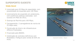 SUPERPORTO SUDESTE
Visão Geral
Licenciado para 50 Mtpa de capacidade, com
possibilidade de expansão para 100 Mtpa;

Licenciamento de expansão em andamento,
com audiências públicas realizadas com
sucesso em Maio de 2012;
Outorga da Marinha para 100 Mtpa;

Carregamento: 2 carregadeiras de navios de
25 Mtpa cada;
Construção do túnel e da infraestrutura
offshore finalizadas;

Financiado pelo BNDES.
Celebração de contratos definitivos com
Mubadala e Trafigura para venda de 65% do
Porto

Superporto Sudeste - Itaguaí
23

 