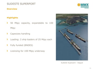 SUDESTE SUPERPORT
Overview



Highlights

   50 Mtpy capacity, expandable to 100

   Mtpy

   Capesizes handling

   Loading: 2 ship loaders of 25 Mtpy each

   Fully funded (BNDES)

   Licensing for 100 Mtpy underway




                                             Sudeste Superport - Itaguaí


                                                                           23
 