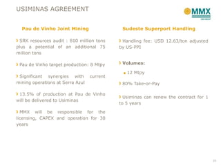 USIMINAS AGREEMENT


  Pau de Vinho Joint Mining                  Sudeste Superport Handling

 SRK resources audit : 810 million tons      Handling fee: USD 12.63/ton adjusted
plus a potential of an additional 75        by US-PPI
million tons

 Pau de Vinho target production: 8 Mtpy      Volumes:

                                             ■ 12 Mtpy
 Significant synergies with       current
mining operations at Serra Azul              80% Take-or-Pay

 13.5% of production at Pau de Vinho
                                              Usiminas can renew the contract for 1
will be delivered to Usiminas
                                            to 5 years

  MMX will be responsible for the
licensing, CAPEX and operation for 30
years




                                                                                      25
 