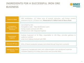 INGREDIENTS FOR A SUCCESSFUL IRON ORE
BUSINESS



                    SRK certification: 3,1 billion tons of mineral resources, and further mineral
 Resource Base
                    potential of up to 1,4 billion tons. Reserves of 1 billion tons in Serra Azul.


                    Low stripping ratio
  Competitive       Competitive scale – New beneficiation plant
Production Cost
   Structure        Energy supply contract with MPX
                    Infrastructure with integrated logistics


                    Sudeste Superport at 50 Mtpy, expandable to 100 Mtpy, provides gateway to
  Guaranteed
                    seaborne markets
   Logistics
                    Long Term Railway Contract with MRS


Secured Off-take    64% of future production already committed through long-term contracts



Operational Track   Experience management team with implementation and operational expertise
    Record          Installed Capacity of 10 Mtpy (Serra Azul and Corumbá sites)




                                                                                                     6
 