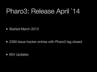 Pharo3: Release April `14 
Started March 2013 
! 
2390 Issue tracker entries with Pharo3 tag closed 
! 
854 Updates 
 