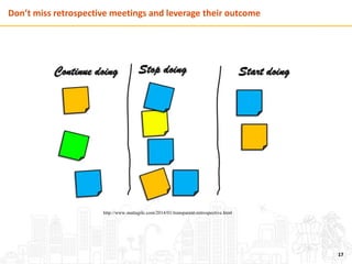 Don’t miss retrospective meetings and leverage their outcome
17
http://www.mattagile.com/2014/01/transparent-retrospective.html
 