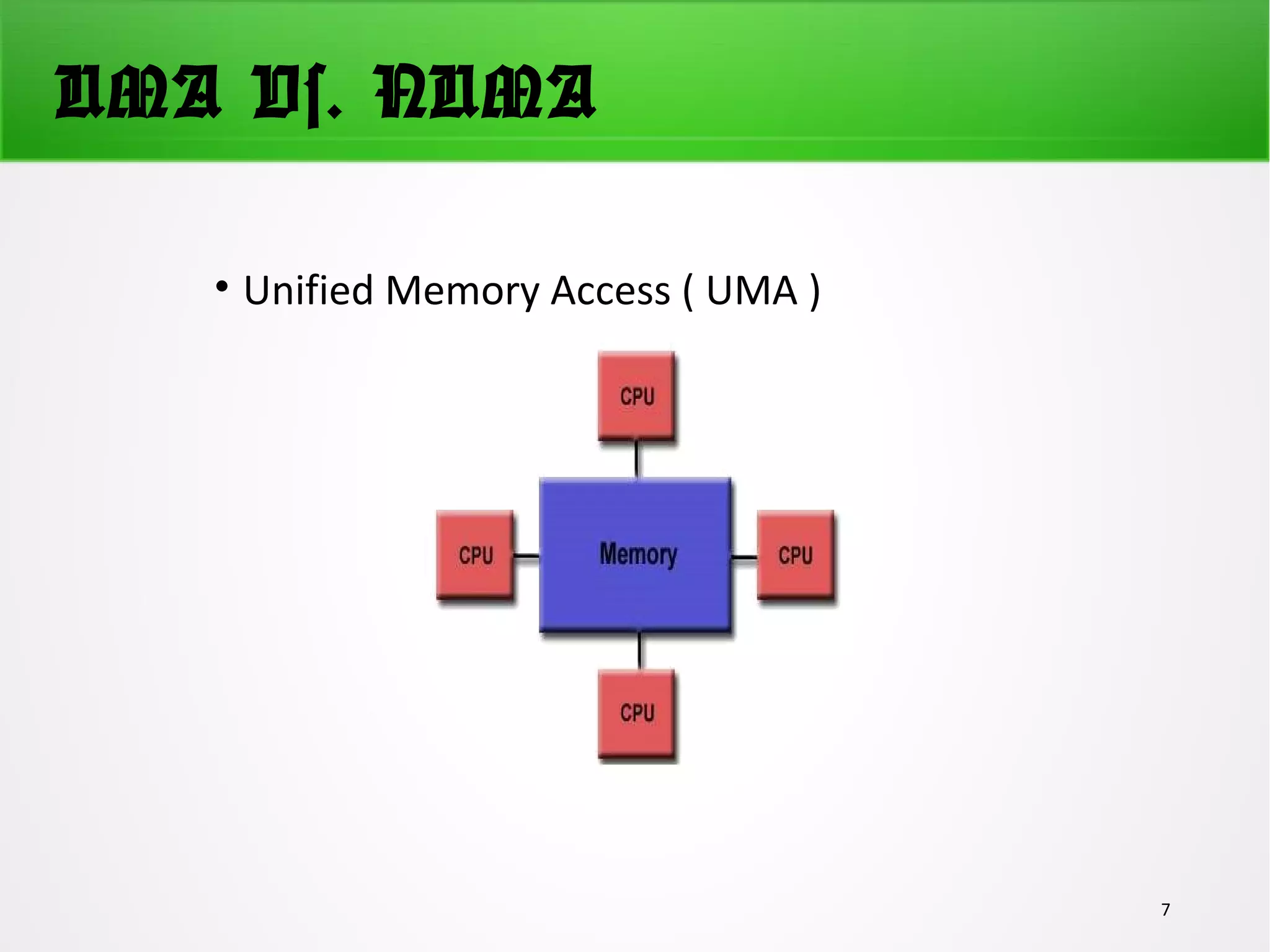 UMA Vs. NUMA
• Unified Memory Access ( UMA )
7
 