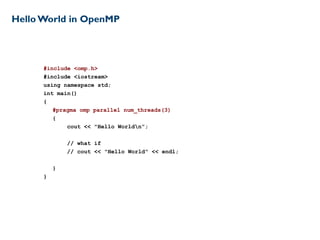 Hello World in OpenMP
#include <omp.h>
#include <iostream>
using namespace std;
int main()
{
#pragma omp parallel num_threads(3)
{
cout << "Hello Worldn”;
// what if
// cout << "Hello World" << endl;
}
}
 