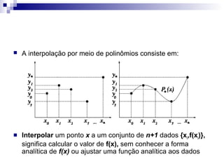 

A interpolação por meio de polinômios consiste em:



Interpolar um ponto x a um conjunto de n+1 dados {xi,f(xi)},
significa calcular o valor de f(x), sem conhecer a forma
analítica de f(x) ou ajustar uma função analítica aos dados

 
