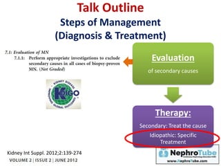 Talk Outline
Steps of Management
(Diagnosis & Treatment)
Evaluation
of secondary causes
Therapy:
Secondary: Treat the cause
Idiopathic: Specific
Treatment
Kidney Int Suppl. 2012;2:139-274
 
