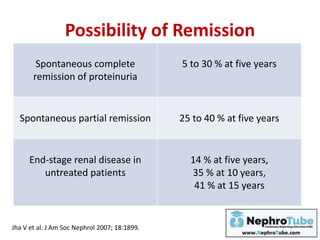 Spontaneous complete
remission of proteinuria
5 to 30 % at five years
Spontaneous partial remission 25 to 40 % at five years
End-stage renal disease in
untreated patients
14 % at five years,
35 % at 10 years,
41 % at 15 years
Possibility of Remission
Jha V et al. J Am Soc Nephrol 2007; 18:1899.
 