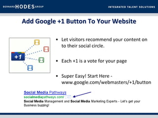 Add Google +1 Button To Your Website

          • Let visitors recommend your content on
            to their social circle.

          • Each +1 is a vote for your page

          • Super Easy! Start Here -
            www.google.com/webmasters/+1/button
 