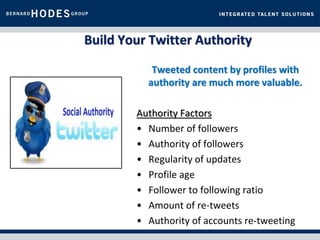 Build Your Twitter Authority

           Tweeted content by profiles with
          authority are much more valuable.

        Authority Factors
        • Number of followers
        • Authority of followers
        • Regularity of updates
        • Profile age
        • Follower to following ratio
        • Amount of re-tweets
        • Authority of accounts re-tweeting
 