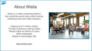 About Wistia
Wistia is a video marketing platform
that combines world class video hosting,
marketing tools and video analytics.
Hosting over 4 million videos
175,000 customers hosting videos
Played video for billions of users
40ish employees
Based in Cambridge, MA
http://wistia.com/
3
 