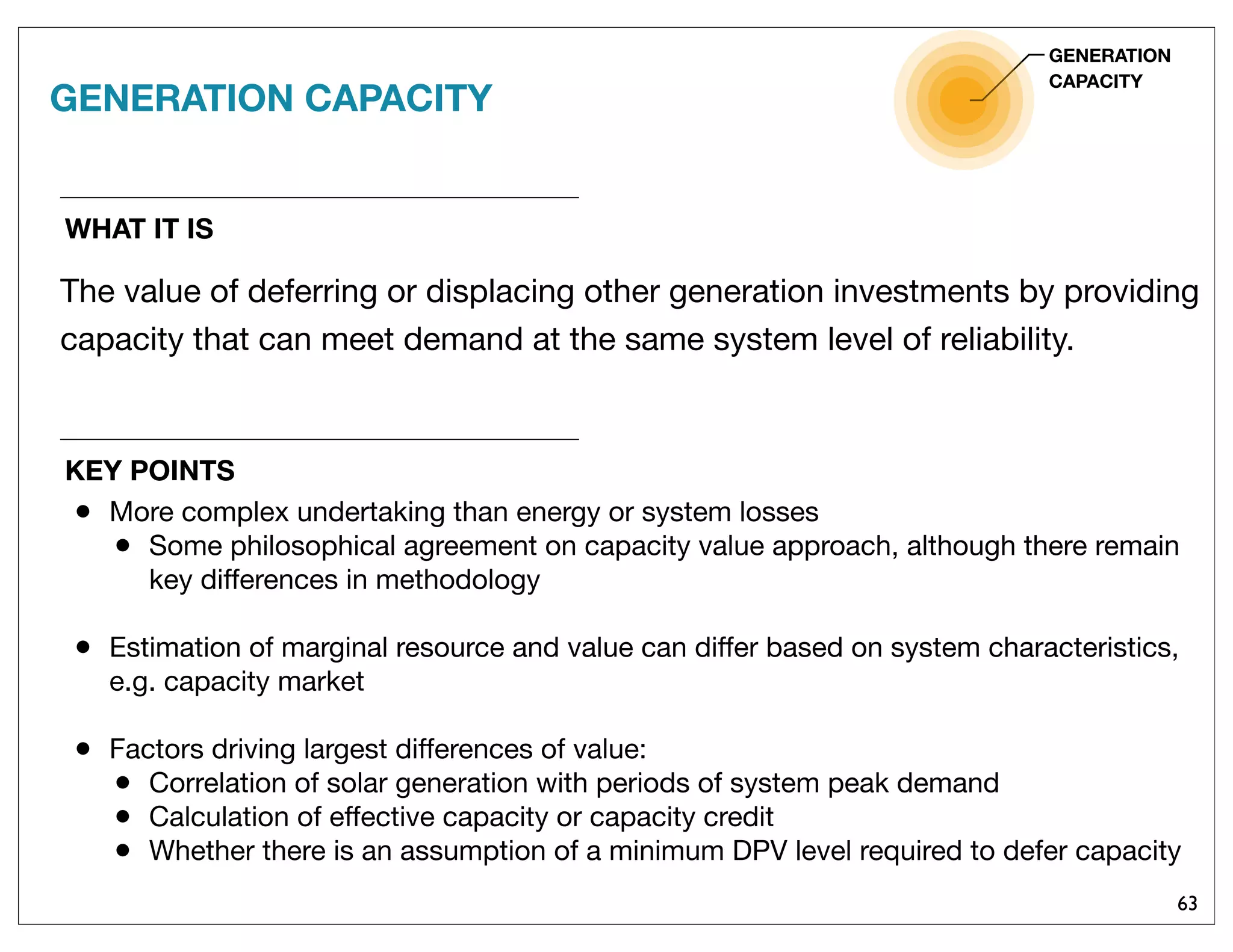 63
WHAT IT IS
The value of deferring or displacing other generation investments by providing
capacity that can meet demand at the same system level of reliability.
GENERATION CAPACITY
GENERATION
CAPACITY
KEY POINTS
• More complex undertaking than energy or system losses
• Some philosophical agreement on capacity value approach, although there remain
key differences in methodology
• Estimation of marginal resource and value can differ based on system characteristics,
e.g. capacity market
• Factors driving largest differences of value:
• Correlation of solar generation with periods of system peak demand
• Calculation of effective capacity or capacity credit
• Whether there is an assumption of a minimum DPV level required to defer capacity
 