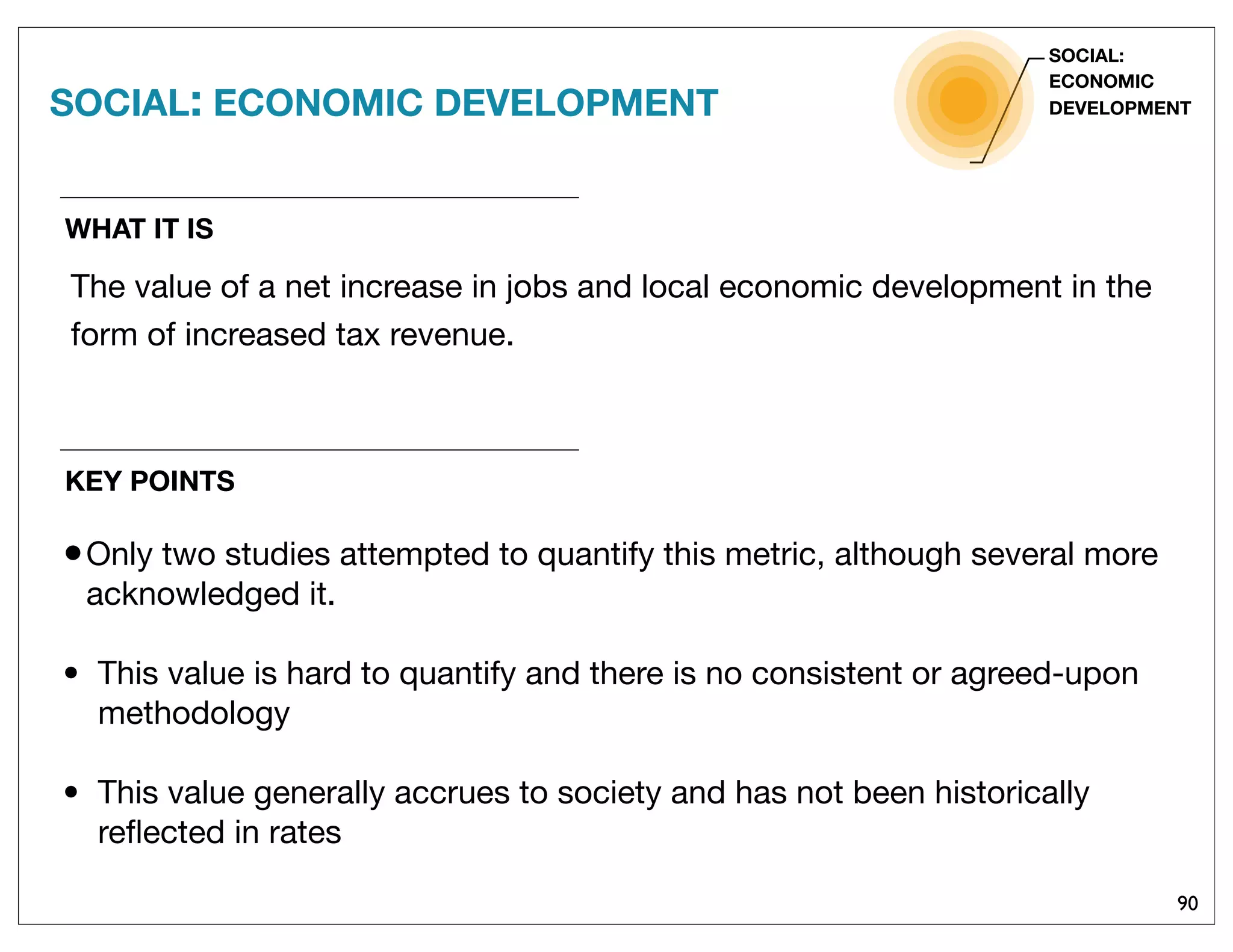 90
WHAT IT IS
The value of a net increase in jobs and local economic development in the
form of increased tax revenue.
SOCIAL: ECONOMIC DEVELOPMENT
SOCIAL:
ECONOMIC
DEVELOPMENT
KEY POINTS
•Only two studies attempted to quantify this metric, although several more
acknowledged it.
• This value is hard to quantify and there is no consistent or agreed-upon
methodology
• This value generally accrues to society and has not been historically
reﬂected in rates
 