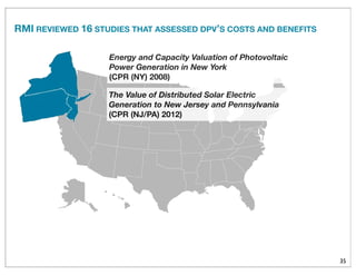 RMI REVIEWED 16 STUDIES THAT ASSESSED DPV’S COSTS AND BENEFITS
35
The Value of Distributed Solar Electric
Generation to New Jersey and Pennsylvania
(CPR (NJ/PA) 2012)
Energy and Capacity Valuation of Photovoltaic
Power Generation in New York
(CPR (NY) 2008)
 
