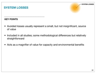 59
KEY POINTS
• Avoided losses usually represent a small, but not insigniﬁcant, source
of value
• Included in all studies; some methodological differences but relatively
straightforward
• Acts as a magniﬁer of value for capacity and environmental beneﬁts
SYSTEM LOSSES
SYSTEM LOSSES
 