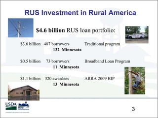 RUS Investment in Rural America

         $4.6 billion RUS loan portfolio:

$3.6 billion 487 borrowers      Traditional program
                  132 Minnesota

$0.5 billion   73 borrowers       Broadband Loan Program
                   11 Minnesota

$1.1 billion 320 awardees         ARRA 2009 BIP
                 13 Minnesota




                                                           3
 