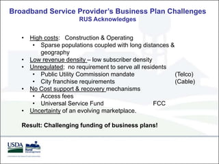 Broadband Service Provider’s Business Plan Challenges
                       RUS Acknowledges


   • High costs: Construction & Operating
      • Sparse populations coupled with long distances &
         geography
   • Low revenue density – low subscriber density
   • Unregulated; no requirement to serve all residents
      • Public Utility Commission mandate                (Telco)
      • City franchise requirements                      (Cable)
   • No Cost support & recovery mechanisms
      • Access fees
      • Universal Service Fund                    FCC
   • Uncertainty of an evolving marketplace.

   Result: Challenging funding of business plans!
 
