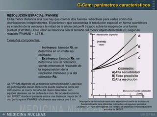 G-Cam: parámetros característicos

RESOLUCIÓN ESPACIAL (FWHMS)
Es la menor distancia a la que hay que colocar dos fuentes radiactivas para verlas como dos
distribuciones independientes. El parámetro que caracteriza la resolución espacial en forma cuantitativa
es el ancho de la ventana a la mitad de la altura del perfil trazado sobre la imagen de una fuente
puntual (FWHMS). Este valor se relaciona con el tamaño del menor objeto detectable (B) según la
relación: FWHMS = 1,75 B.

Tiene dos componentes:

                            Intrínseco: llamado Ri, se
                         determina en un cristal no
                         colimado.
                            Extrínseco: llamado Rs, se
                         determina con un colimador,
                         siendo entonces el resultado de
                         la superposición de la
                         resolución intrínseca y la del
                         colimador Rc.

La FWHMS depende de la distancia fuente/colimador. Dado que
en gammagrafía planar el paciente puede colocarse cerca del
instrumento, el menor tamaño del objeto detectable, con
equipos planares, es del orden de 4 mm. No ocurre los mismo
con SPECT donde el paciente está a una distancia mayor de 15
cm, por lo que el FWHMS difícilmente sea menor que 1 cm.
                                                         Descripción de la caída de resolución espacial en función de la distancia
                                                           fuente/colimador para diferentes colimadores de agujeros paralelos.
                                                       La banda 12-17 cm corresponde a la ventana de distancias empleada durante
                                                                                   estudios de SPECT.
 