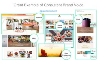 Website
Blog
Social
Media
User
Engagemen
t
Email
Valuable
Content
Shop
Share
Great Example of Consistent Brand Voice
@alohamoment
 
