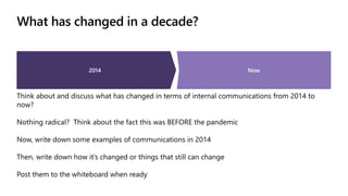 What has changed in a decade?
2014 Now
Think about and discuss what has changed in terms of internal communications from 2014 to
now?
Nothing radical? Think about the fact this was BEFORE the pandemic
Now, write down some examples of communications in 2014
Then, write down how it’s changed or things that still can change
Post them to the whiteboard when ready
 