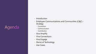 Agenda
 Introduction
 Employee Communications and Communities (C&C) -
Strategy
 Connection
 Communication
 Contribution
 Viva Amplify
 Viva Connections
 Viva Engage
 Demo of Technology
 Use Cases
 