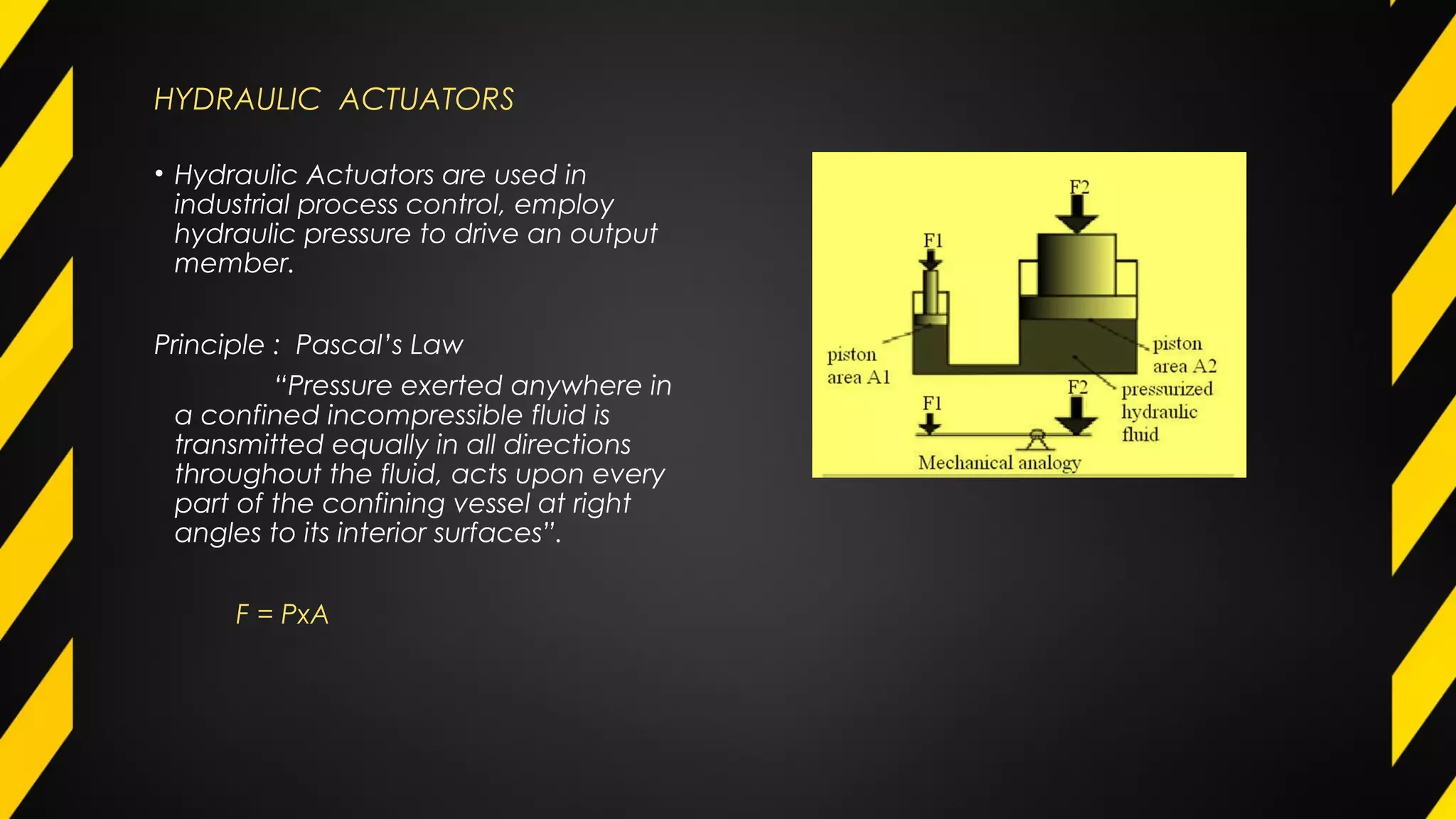 HYDRAULIC ACTUATORS
• Hydraulic Actuators are used in
industrial process control, employ
hydraulic pressure to drive an output
member.
Principle : Pascal’s Law
“Pressure exerted anywhere in
a confined incompressible fluid is
transmitted equally in all directions
throughout the fluid, acts upon every
part of the confining vessel at right
angles to its interior surfaces”.
F = PxA
 