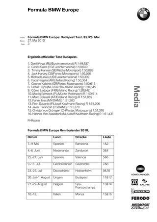Formula BMW Europe




´Thema    Formula BMW Europe: Budapest Test. 25./26. Mai
Datum     27. Mai 2010
  Seite   3



          Ergebnis offizieller Test Budapest.

          1. Daniil Kvyat (RU/Eurointernational) R 1:49,937
          2. Carlos Sainz (ES/Eurointernational) 1:50,049
          3. Timmy Hansen (SE/Mücke Motorsport) 1:50,089
          4. Jack Harvey (GB/Fortec Motorsports) 1:50,266
          5. Michael Lewis (US/Eurointernational) 1:50,309
          6. Facu Regalia (AR/Eifelland Racing) 1:50,364
          7. George Katsinis (GR/Fortec Motorsports) 1:50,613
          8. Robin Frijns (NL/Josef Kaufmann Racing) 1:50,645
          9. Côme Ledogar (FR/Eifelland Racing) 1:50,842
          10. Maciej Bernacik (PL/Mücke Motorsport) R 1:50,914
          11. Marc Coleselli (AT/Eifelland Raicng) R 1:51,069
          12. Fahmi Ilyas (MY/DAMS) 1:51,203
          13. Petri Suvanto (FI/Josef Kaufmann Racing) R 1:51,206
          14 Javier Tarancon (ES/DAMS) 1:51,370
          15. Christof von Grünigen (CH/Fortec Motorsports) 1:51,376
          16. Hannes Van Asseldonk (NL/Josef Kaufmann Racing) R 1:51,431

          R=Rookie


          Formula BMW Europe Rennkalender 2010.

          Datum                Land             Strecke         Läufe

          7.-9. Mai            Spanien          Barcelona       1&2

          4.-6. Juni           Niederlande      Zandvoort       3&4

          25.-27. Juni         Spanien          Valencia        5&6

          9.-11. Juli          Großbritannien   Silverstone     7&8

          23.-25. Juli         Deutschland      Hockenheim      9&10

          30. Juli-1. August   Ungarn           Budapest        11&12

          27.-29. August       Belgien          Spa-            13&14
                                                Francorchamps

          10.-12.              Italien          Monza           15&16
 
