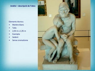 Anàlisi – descripció de l’obra Elements tècnics: Marbre blanc Talla 2,93 m x 1,95 m Exempta Sedent Sense cromatisme 