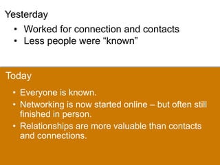 Yesterday
 • Worked for connection and contacts
 • Less people were “known”


Today
 • Everyone is known.
 • Networking is now started online – but often still
   finished in person.
 • Relationships are more valuable than contacts
   and connections.
 