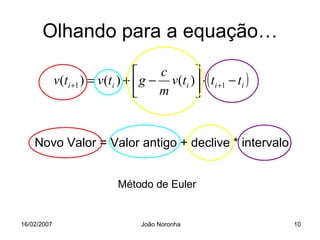 Olhando para a equação…

                                      c      
             v(ti +1 ) = v(ti ) +  g − v(ti ) ⋅ ( ti +1 − ti )
                                      m      


    Novo Valor = Valor antigo + declive * intervalo


                             Método de Euler


16/02/2007                         João Noronha                    10
 