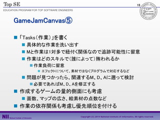15

GameJamCanvas⑤
 「Tasks（作業）」を書く
 具体的な作業を洗い出す
 Mと作業は1対多で紐付く関係なので追跡可能性に留意
 作業はどのスキルで（誰によって）賄われるか
 作業負荷に留意
 エフェクトについ...