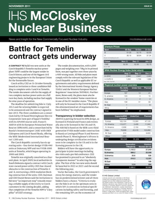NOVEMbER 011                                                                                                                                                                   ISSUE 50




IHS McCloskey
Nuclear business
News and Insight for the New Commercially Focused Nuclear Industry                                                                                     mccloskeycoal.com



battle for Temelin
                                                                                                        Uranium Prices
                                                                                                        Spot                                  05-Sep                 10-Oct       31-Oct
                                                                                                        $                                         51.00               52.75        52.00


contract gets underway                                                                                  €
                                                                                                      Source: Ux Consulting (uxc.com)


                                                                                                        Future                            Nov-11
                                                                                                                                                  36.15


                                                                                                                                                            Dec-11
                                                                                                                                                                      38.64        37.34


                                                                                                                                                                                  Jan-11
                                                                                                        CME                                52.50                 52.50             52.75
A CONTRACT TO build two new units at the              The tender documentation, with 6,000            Source: CME

Czech Republic’s Temelín nuclear power             pages and weighing over 70kg in its printed
                                                                                                        wNA Nuclear Energy Index (total return)
plant (NPP) could be the largest tender in         form, was put together over three years by
                                                                                                                                             Aug-11               Sep-11          Oct-11
Czech history and one of the biggest civil         a 400-strong team. All bids and plans must
                                                                                                        In US $                                 2,963                 2,647        2,923
engineering projects in the European Union         comply with the relevant legislation of the
                                                                                                        In EURO €                               1,832                 1,756        1,866
for the foreseeable future.                        Czech Republic as well as applicable EU re-        index: 1000 = Dec 2001

   Czech utility CEZ on 31 October formally        quirements and safety requirements defined
                                                                                                        Regional nuclear power overview
issued an invitation to three candidates bid-      by the International Atomic Energy Agency
                                                                                                                                        No. Units         Under Con              Planned
ding to complete units 3 and 4 at Temelin.         (IAEA) and the Western European Nuclear                                              Installed
The tender document calls for the supply of        Regulators’ Association (WENRA). Further-            Europe                              187                            14        41
two complete nuclear power units on a full         more, Benes said, the plans must also be             N. america                          123                             4        10
turn-key basis, including nuclear fuel supply      licensed in the vendors’ home countries or           S. America                              4                           2         2
for nine years of operation.                       in one of the EU member states. “The plans           Asia                                109                            41        93
   The deadline for submitting bids is 2 July      will only be licensed in the Czech Republic if       M. East                                 1                           -         8
2012 and the winning bidder is expected            the aforementioned set of requirements has           Africa                                  2                           -          -
to be announced and the contract signed in         been fulfilled,” he emphasised.                      Total                                426                           61        154
late 2013. The three candidates are a consor-
tium led by US-based Westinghouse Electric         Transparency in bidder selection                                            Capacity(Mw)            UnderCon                  Planned
Corporation (now part of Japan’s Toshiba)          AREVA is putting forward its EPR design, as                                     Installed
with its AP1000 reactor unit; France’s             licensed in Finland and France and eventu-            Europe                         163,104             13,260               47,120
AREVA with its European Pressurised Water          ally also to be licensed in the UK and US.            N. America                     115,077                  3,408           11,940
Reactor (EPR1600); and a consortium led by         The ASE bid is based on the MIR-1200 third            S. America                       2,836                  2,150              773
Russia’s Atomstroyexport (ASE) with OKB            generation VVER model under construction              Asia                            79,808             42,416              103,892
Gidropress and Czech-based Skoda, offering         in Russia at Leningrad Phase II and Novovo-           M. East                           915                         -          9,600
the MIR (Modernised International Reac-            ronezh Phase II. Westinghouse’s AP1000 is             Africa                           1,800                        -               -
tor) 1200 unit.                                    undergoing design certification revisions            Total                           363,540              61,234              173,325
   The Czech Republic currently has six op-        soon to be complete in the US and is in the
                                                                                                                                               Generation                       Uranium
erating units – four Soviet-design VVER-440        licensing process in the UK.
                                                                                                                                               Twe(010)                   Needed 011(t)
units at Dukovany NPP and two VVER-1000               Bidders will have the opportunity to
                                                                                                        Europe                                       1,142.2                      27,049
units at Temelin, which began operating in         participate in joint meetings including
                                                                                                        N.America                                       898.2                     20,506
2000 and 2003.                                     site visits and a pre-bid conference. CEZ
                                                                                                        S.America                                         20.6                       526
   Temelin was originally conceived as a four-     has promised to proceed in an “absolutely
                                                                                                        Asia                                            516.3                     12,331
unit plant. In April 2009, local authorities in    transparent manner” in selecting the sup-
                                                                                                        M.East                                                   -                   168
South Bohemia signed a contract with Czech         plier. The first of the two new units should
                                                                                                        Africa                                            12.9                       304
state-owned power utility CEZ that cleared         be launched in 2022 or 2023 and the second
                                                                                                        Total                                        2,590.2                      60,884
obstacles to the construction of Temelin-3         the following year.                                Source: Derived from WNAdata

and -4, overturning a 2004 resolution block-          Vaclav Bartuska, the Czech government’s
ing construction of the units. CEZ chairman        envoy for energy matters, said the tender        © IHS Global Limited
and CEO Daniel Benes said the invitations to       has no predetermined winner and all three        Licensee warrants and undertakes to IHS Global
                                                                                                    Limited that it recognises and will not infringe the
bid were “an important step” towards ensur-        bidders have a chance. “Criteria to evalu-       copyright and any other intellectual property right of
                                                                                                    IHS Global Limited in the Publications; it shall not use,
ing a reliable supply of electricity to Czech      ate the bids is set in the optimum ratio in      distribute, reproduce, copy, transmit or enter into any
                                                                                                    computer or computer network or procure or permit the
customers in the coming decades, adding            which 50% is centred on technical specifi-       use, distribution, reproduction, copying, transmission
                                                                                                    or entering into any computer or computer network of
that completion of the Temelin NPP is “a key       cations including safety and licensing, and      any or any part of the Publications, including, but not
                                                                                                    limited to, single prices, charts and altered Data, unless
pillar” of CEZ’s strategy.                         the remaining 50% on the economics of            expressly permitted to do so under IHS Global Limited.



1 | McCloskey Nuclear Business November 2011 ©IHS Global Limited                                                                                        mccloskeycoal.com
 